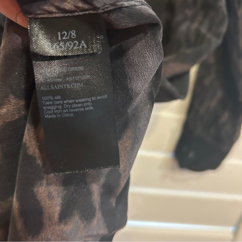 AllSaints Sanko Sinai Silk Shirt Dress Animal Print Leopard Print Black Grey 8 - Picture 7 of 9